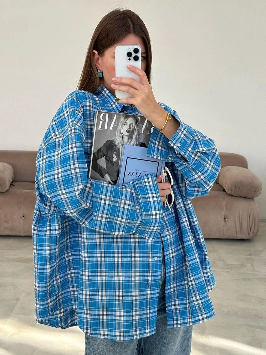 Women's Oversized Plaid Long Sleeve Button Down Shirt