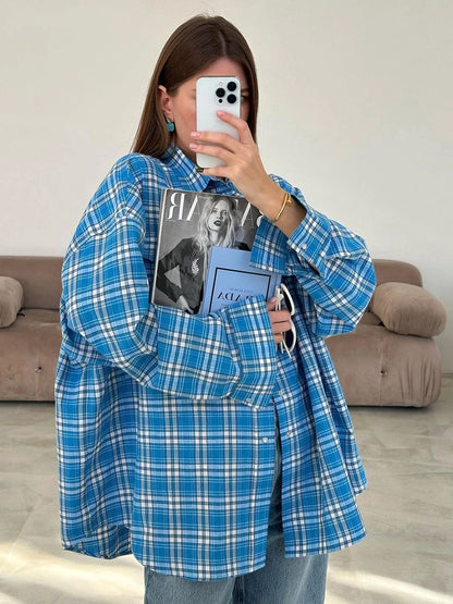 Women's Oversized Plaid Long Sleeve Button Down Shirt