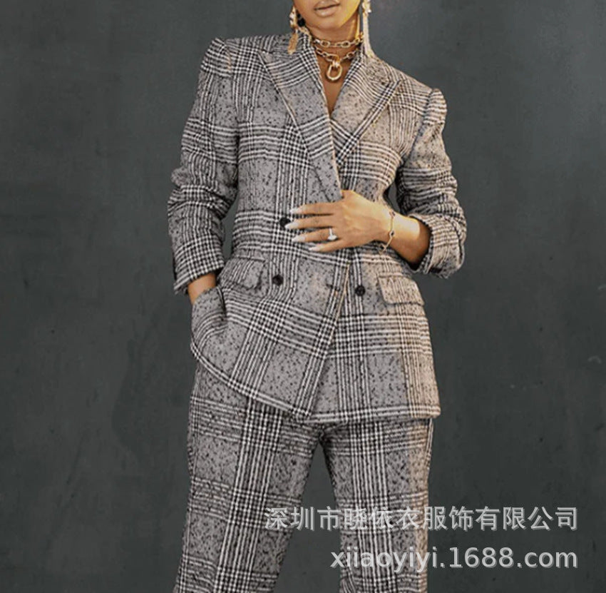Women's Plaid Blazer & Pants Matching Cotton Linen Set