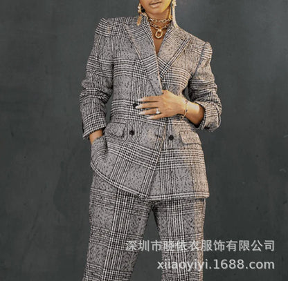 Women's Plaid Blazer & Pants Matching Cotton Linen Set
