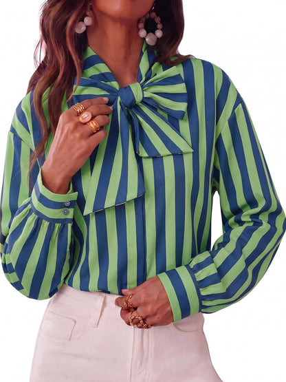 Women's Striped Tie Neck Long Sleeve Blouse Casual