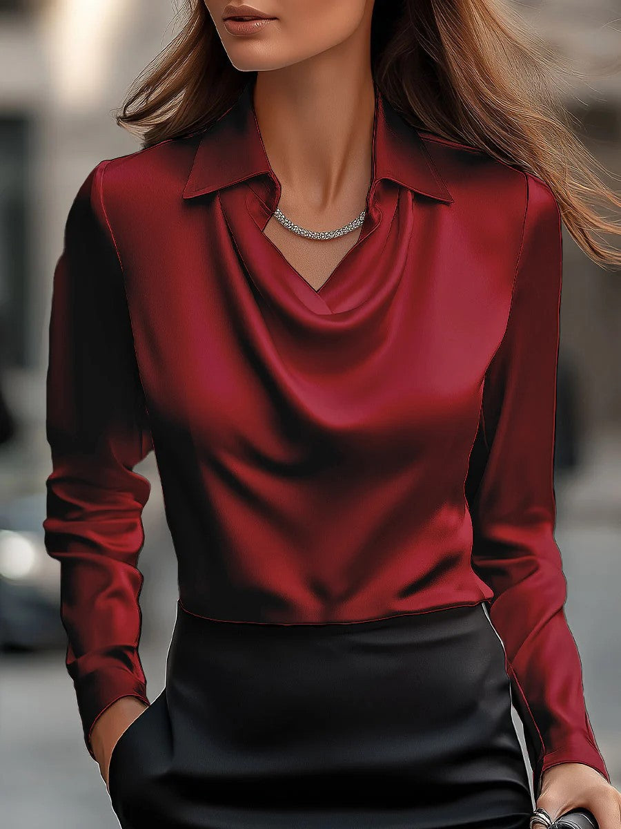 Womens Satin Cowl Neck Blouse Long Sleeve Collar Top