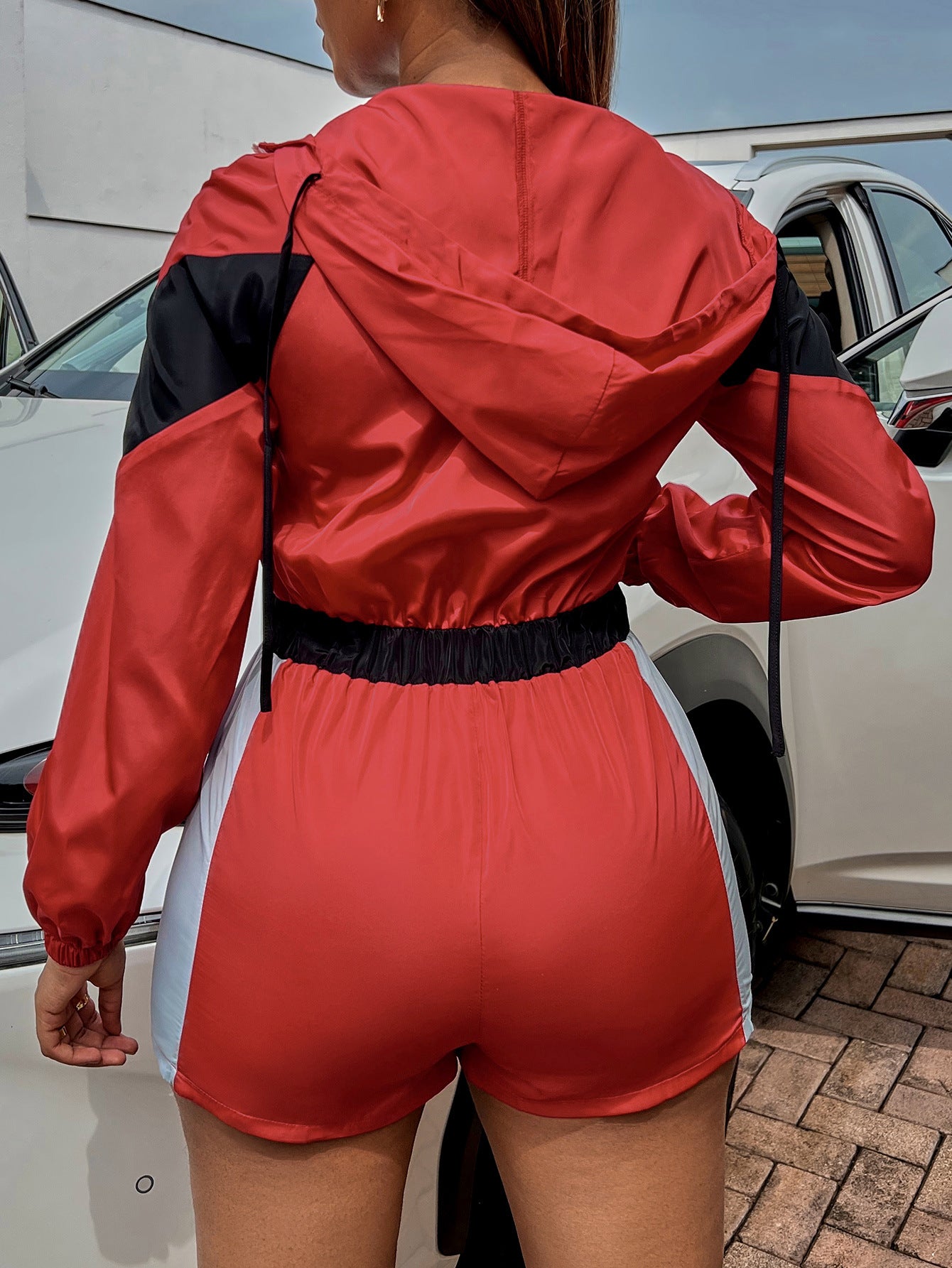 Splicing Contrasting Zipper Jumpsuit Shorts