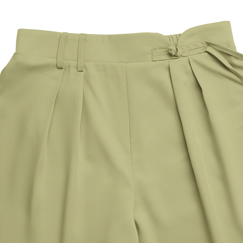 Solid Twill Bermuda Shorts High Waist Pleated Wide Leg