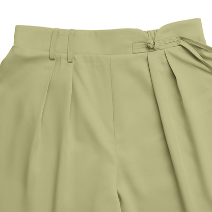 Solid Twill Bermuda Shorts High Waist Pleated Wide Leg