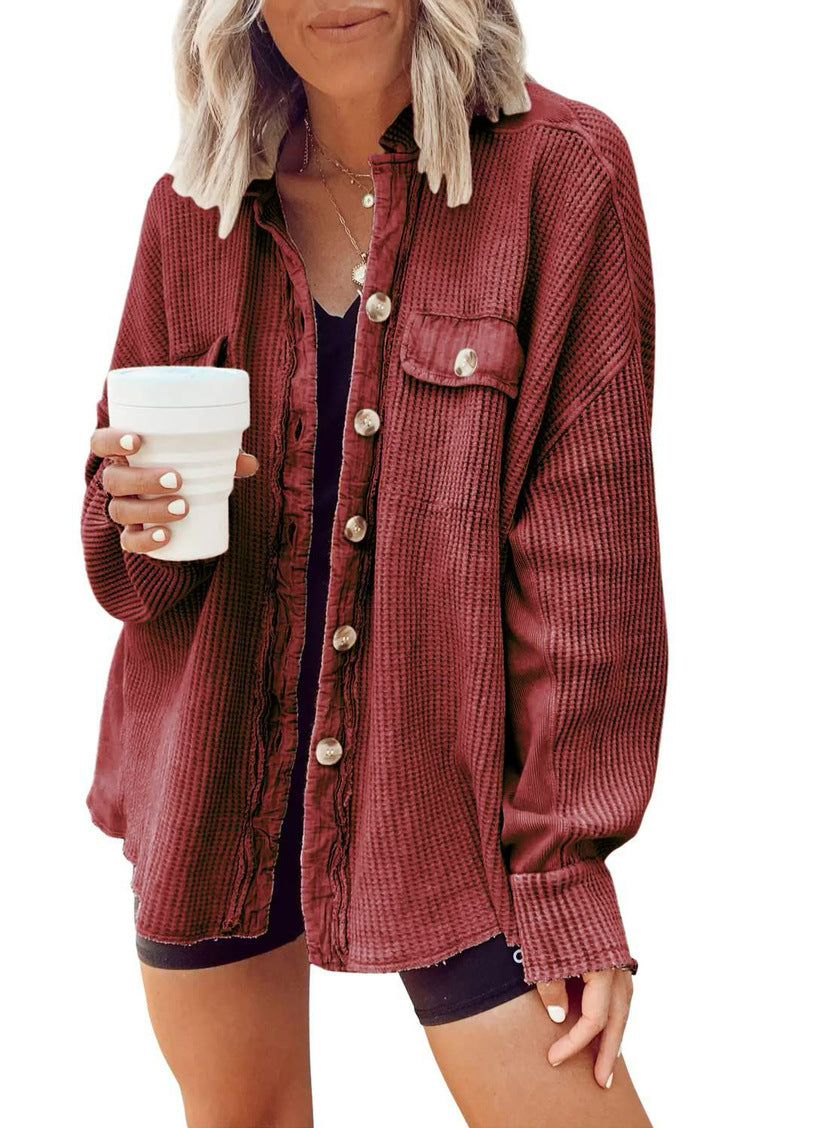 Women's Waffle Texture Button Front Pocket Shacket