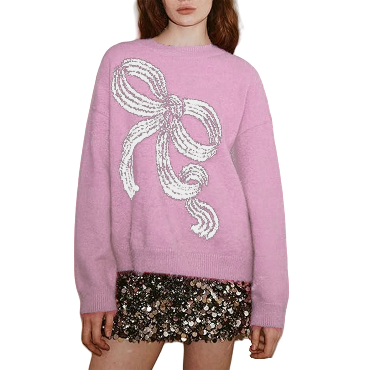 Oversized Bow Fuzzy Knit Crew Neck Sweater