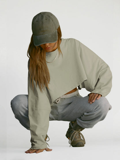 Women's Long Sleeve Oversized Cropped Crew Neck Sweatshirt