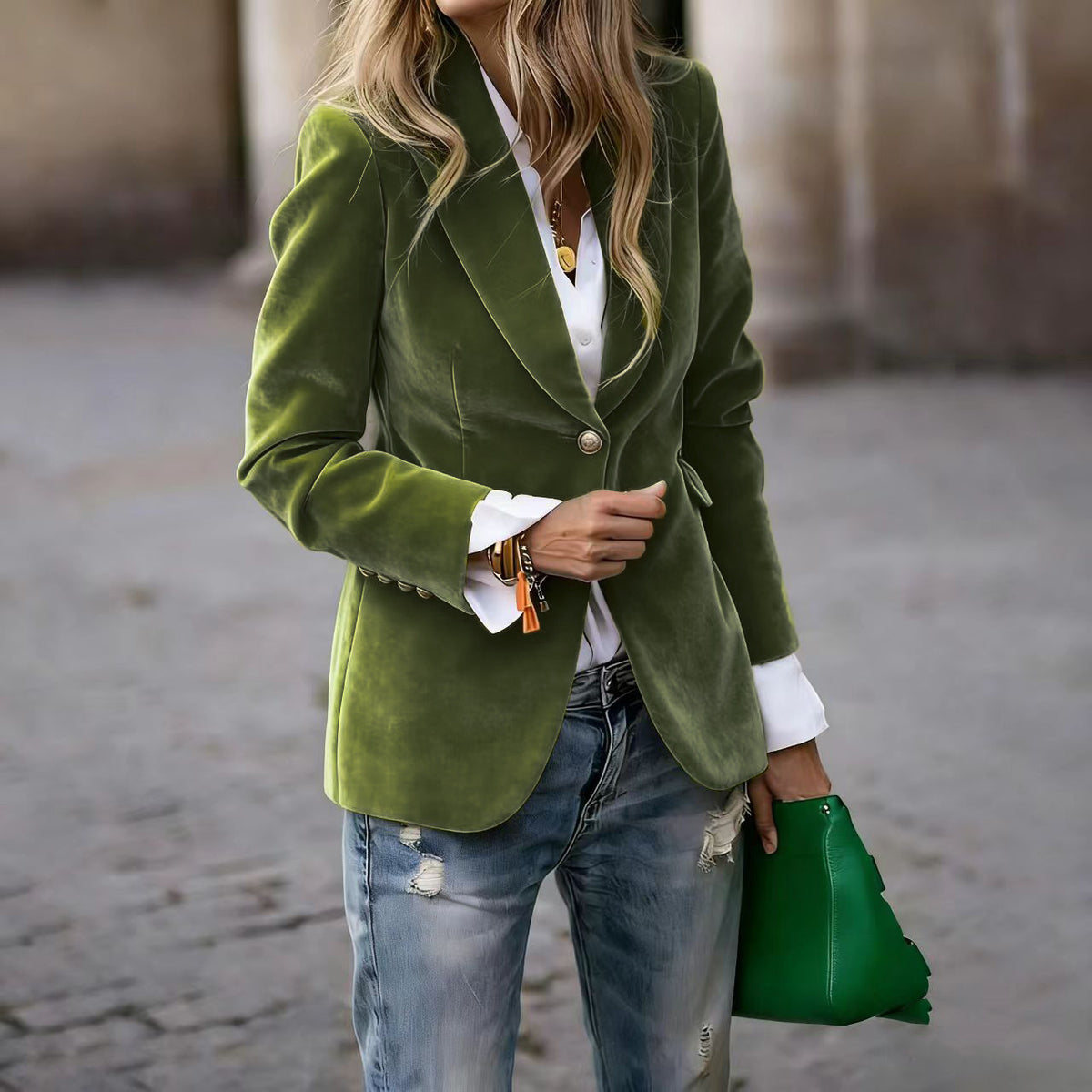 Women's Fitted Velvet Blazer Single Button Suit Jacket