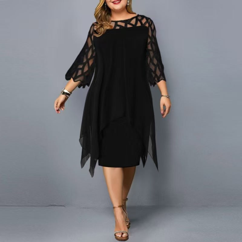 Plus Size Lace Chiffon Midi Dress Asymmetrical 3/4 Sleeve