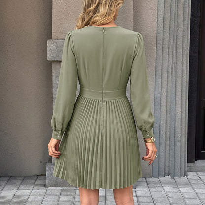 Solid Pleated V-Neck Dress Lantern Sleeve Elegant