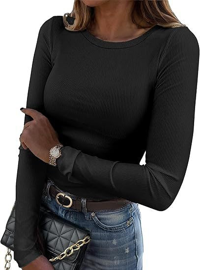 Women's Ribbed Long Sleeve Crew Neck Fitted Tee