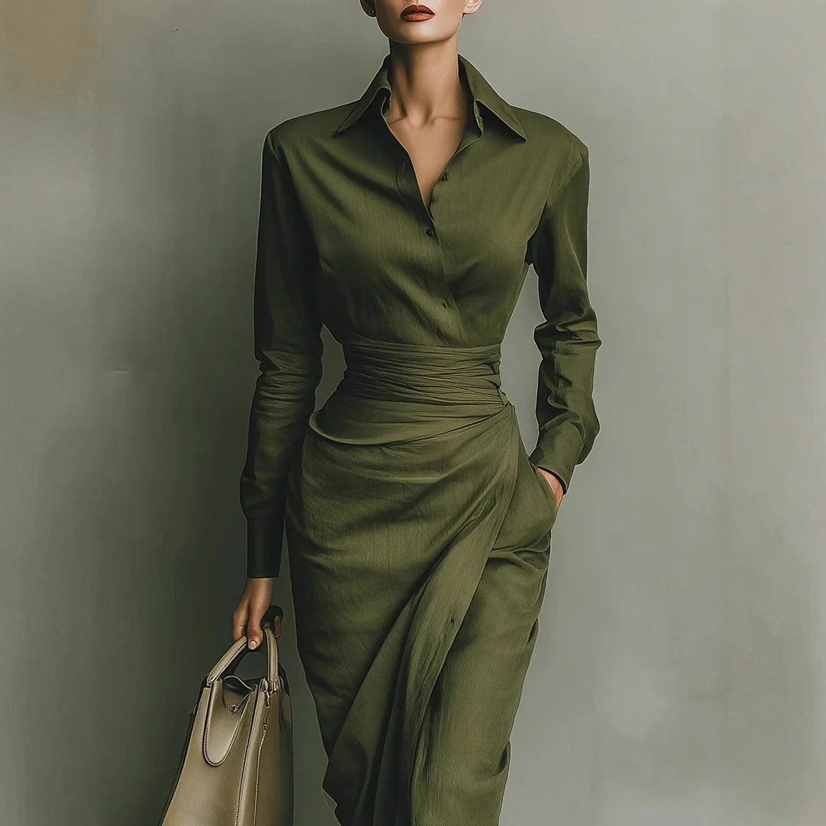 Womens Linen Shirt Dress Long Sleeve Asymmetric Midi Work