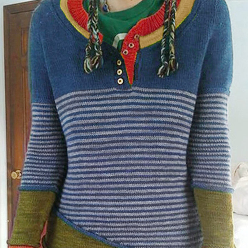 Womens Color Block Striped Henley Knit Sweater