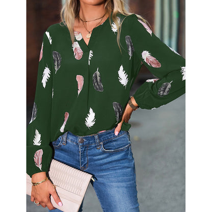 Feather Print V Neck Chiffon Blouse Long Sleeve Top