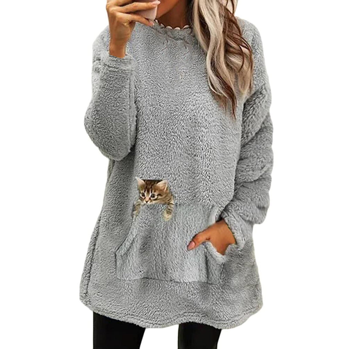 Womens Cute Cat Pocket Sherpa Fleece Pullover