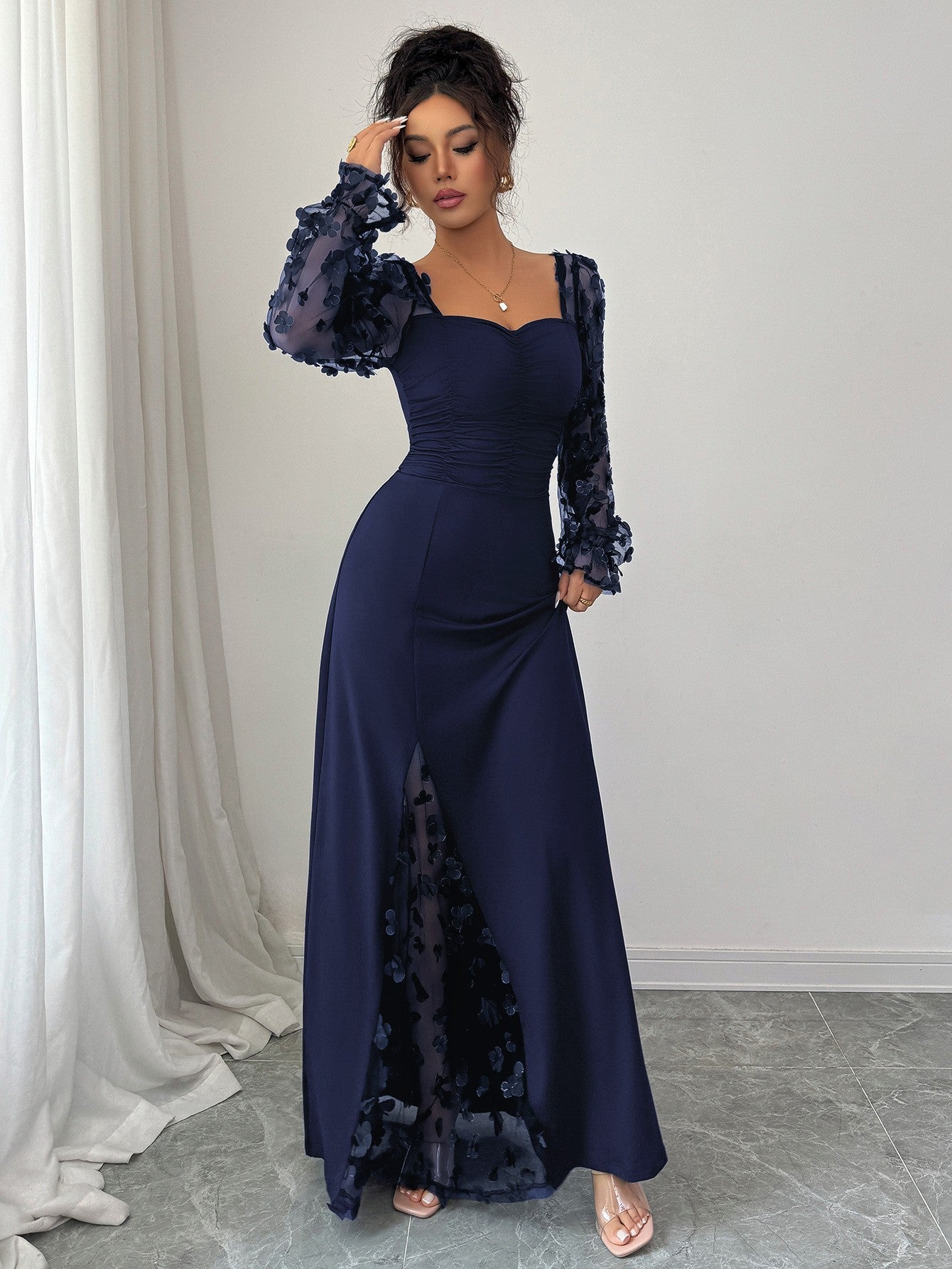 Square Neck Floral Applique Mesh Sleeve Maxi Dress