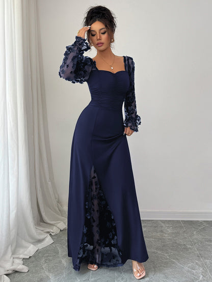 Square Neck Floral Applique Mesh Sleeve Maxi Dress