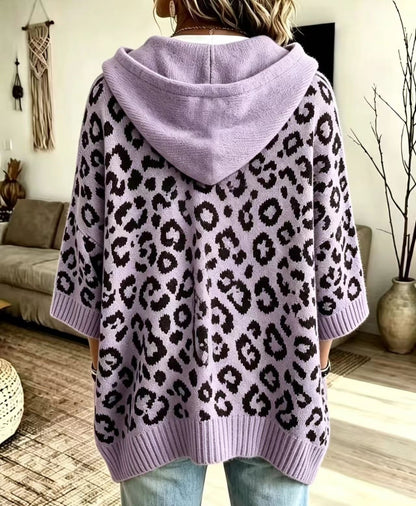 Women's Leopard Print Oversized Hooded Knit Sweater