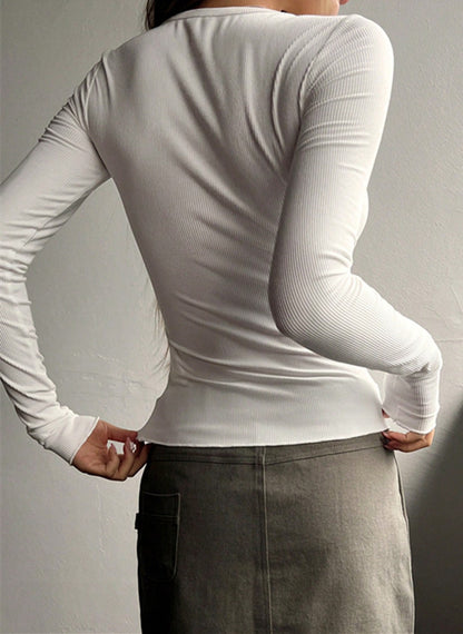 Women's Ribbed Henley Long Sleeve Fitted Top