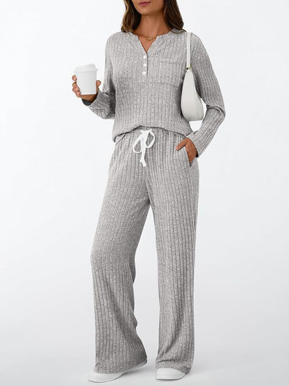 Women's Ribbed Henley Lounge Set Wide Leg Pants 2Pc