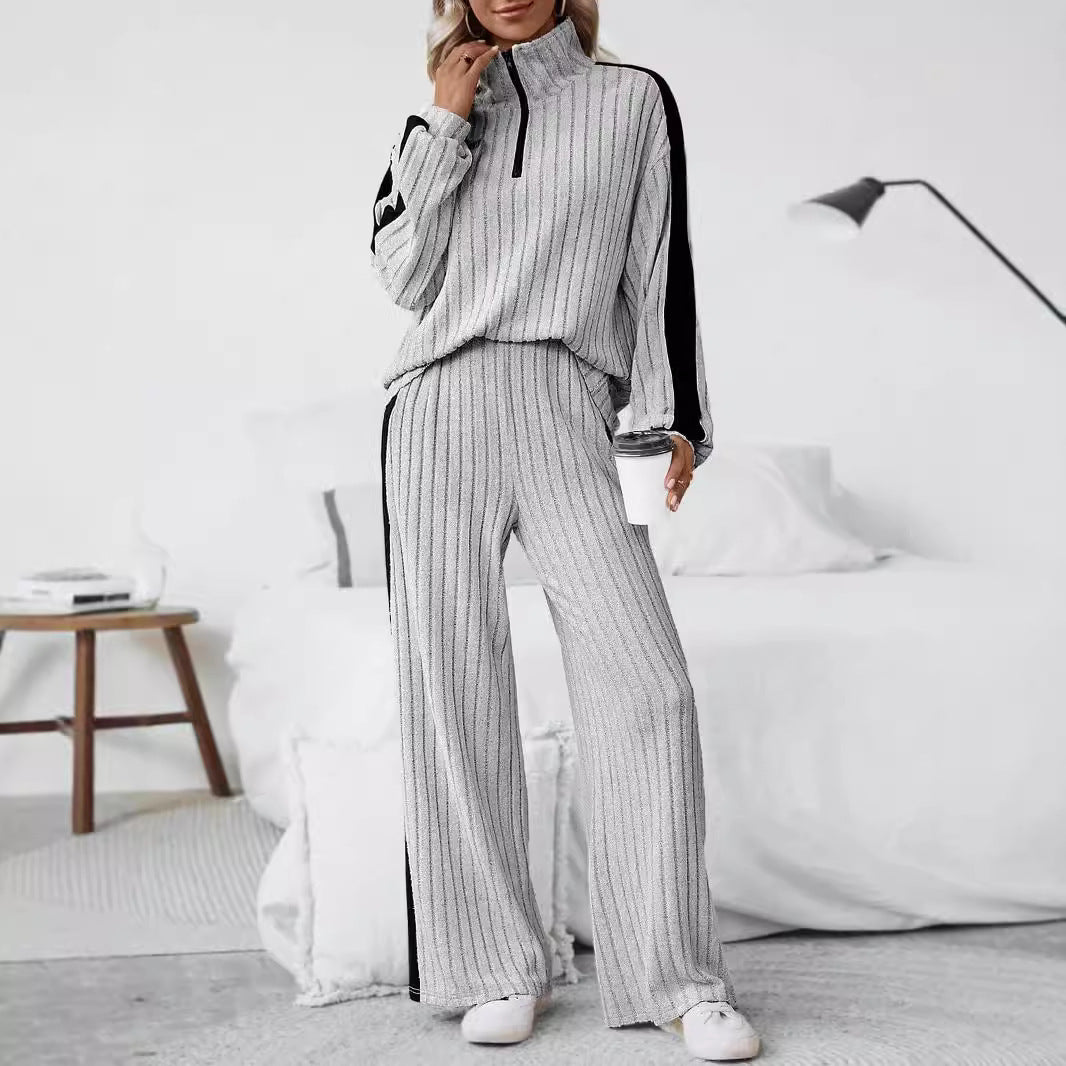 Plus Size Ribbed Half Zip Sweatshirt Wide Leg Pants Set
