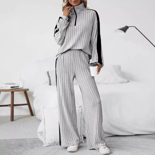 Plus Size Ribbed Half Zip Sweatshirt Wide Leg Pants Set