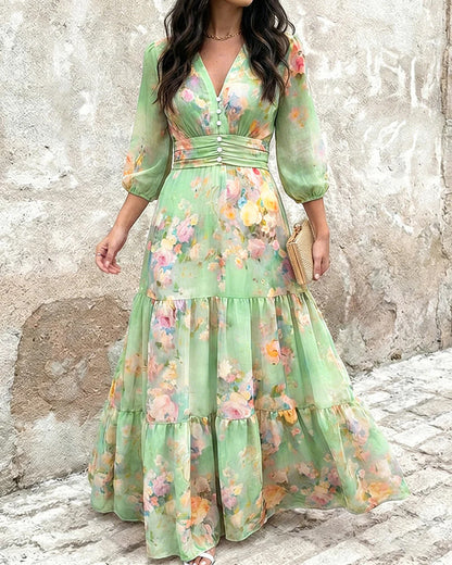 Floral Chiffon Maxi Dress V-Neck 3/4 Sleeve Smocked Tiered