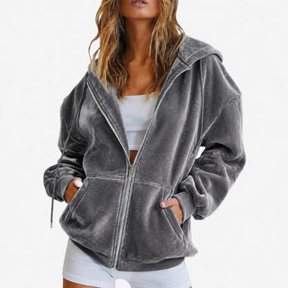 Velvet Zip Up Hoodie Relaxed Fit Hooded Jacket