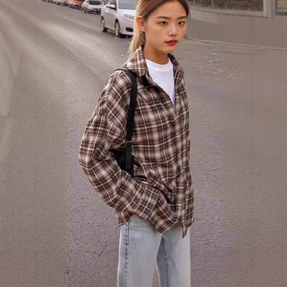 Women Oversized Brown Plaid Shirt Jacket Long Sleeve