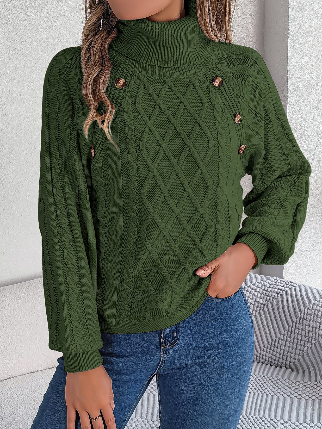 2025 Fall Winter Buttoned Cable Knit Turtleneck Sweater