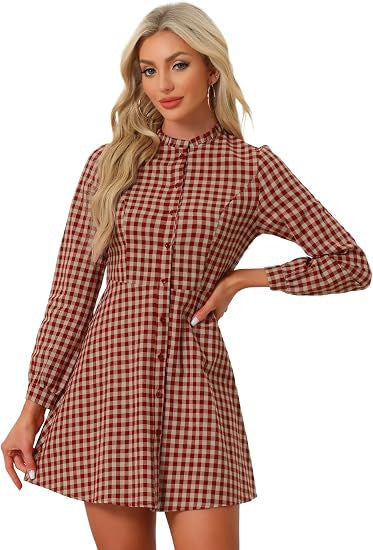 Plaid Ruffle Collar Button Front Long Sleeve Mini Dress