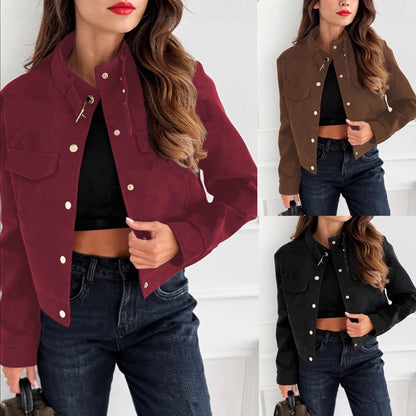 Women's Faux Suede Jacket Button Front Long Sleeve Pockets