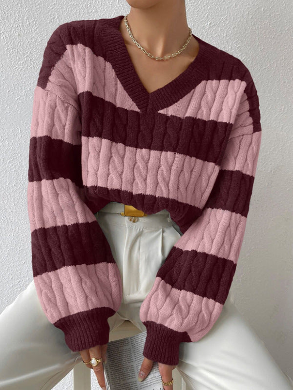 Women's Oversized V-Neck Striped Cable Knit Sweater