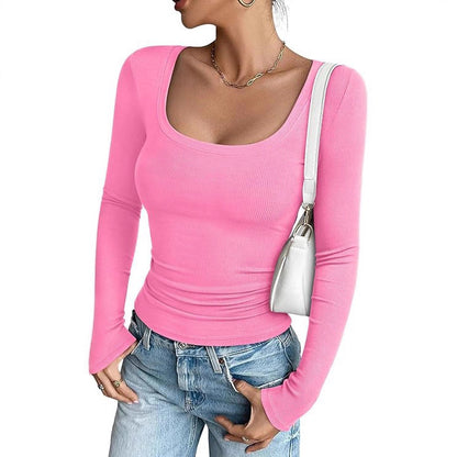 Women's Square Neck Ribbed Long Sleeve Fitted Top
