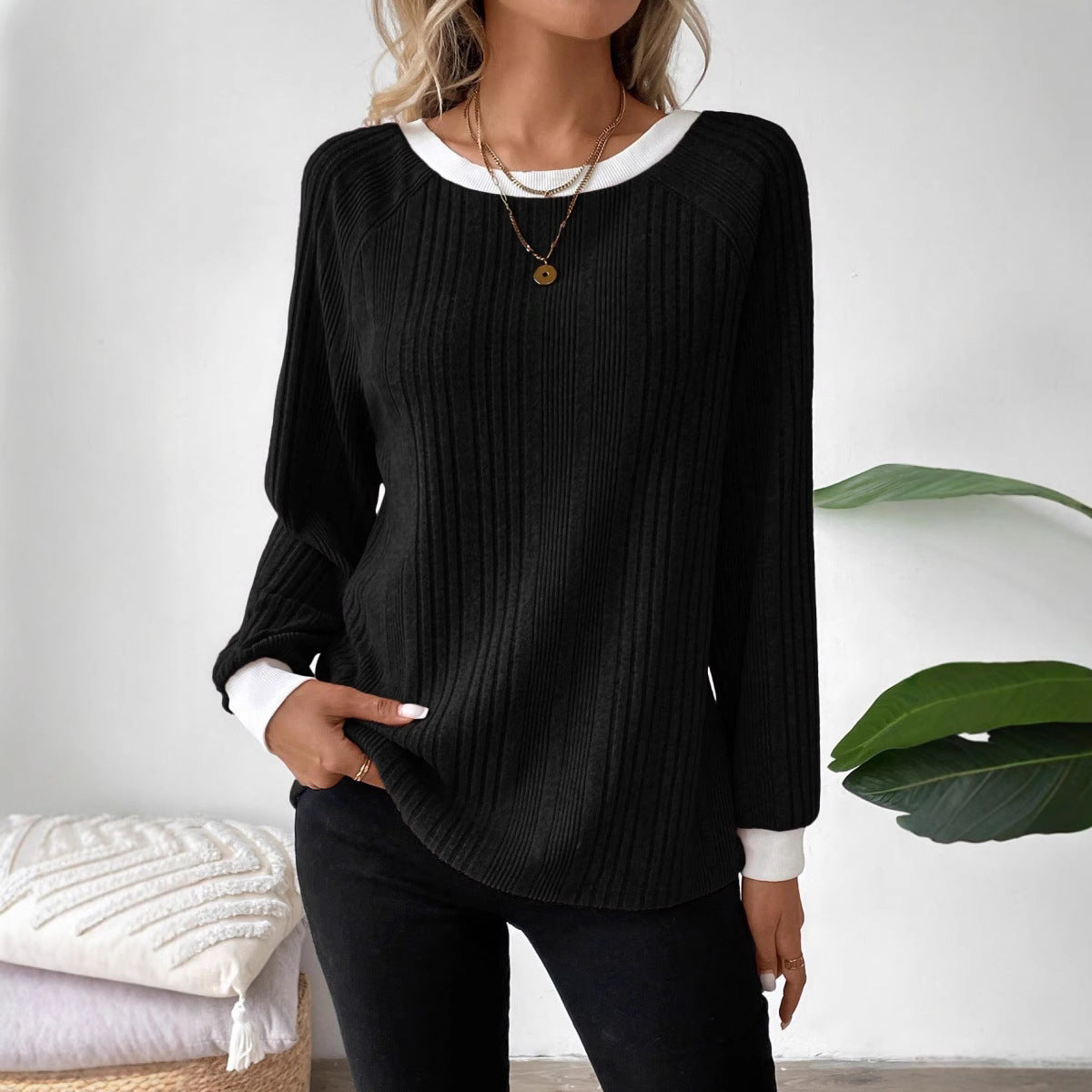 Women's Ribbed Crew Neck Long Sleeve Pullover Sweater