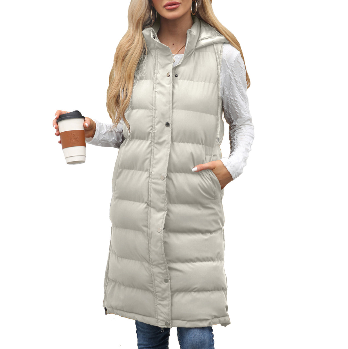 Women's Long Hooded Sleeveless Quilted Puffer Vest