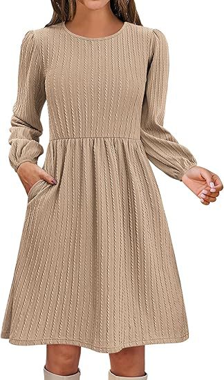 Fall Textured Knit Puff Sleeve A-Line Midi Dress