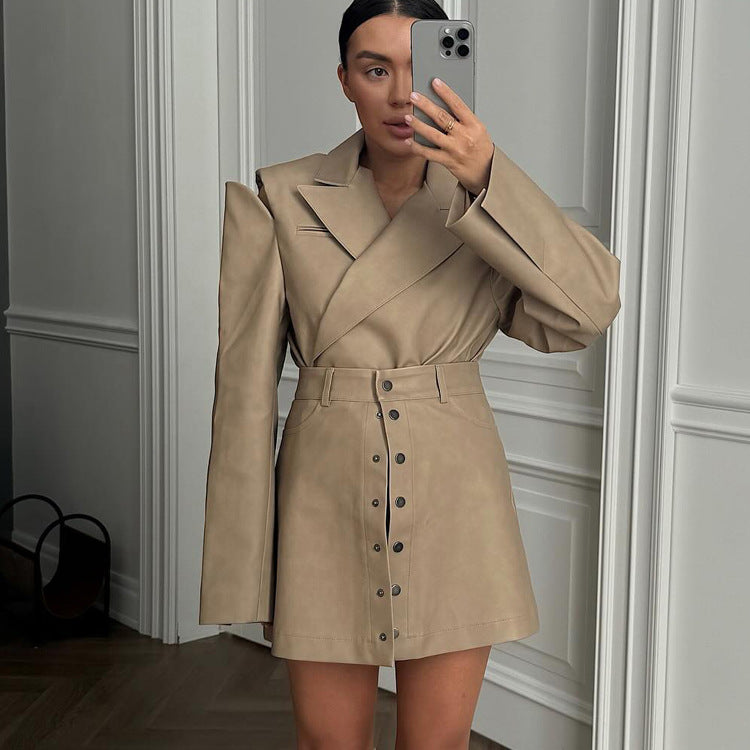 Women's Faux Leather Blazer Mini Skirt Two Piece Set