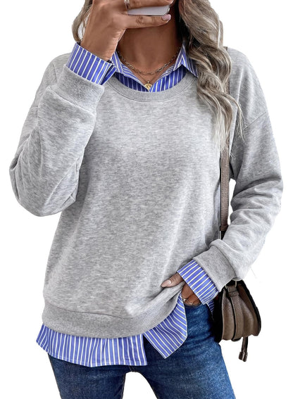 Faux Layered Sweatshirt Striped Collar Relaxed Fit