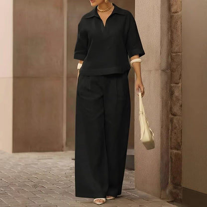 Women Oversized Collared Top Wide Leg Pants Matching Set