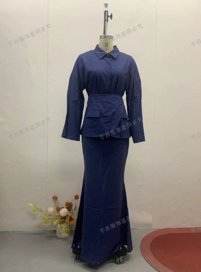 Women's Elegant Collared Long Sleeve 3 Piece Maxi Skirt Set
