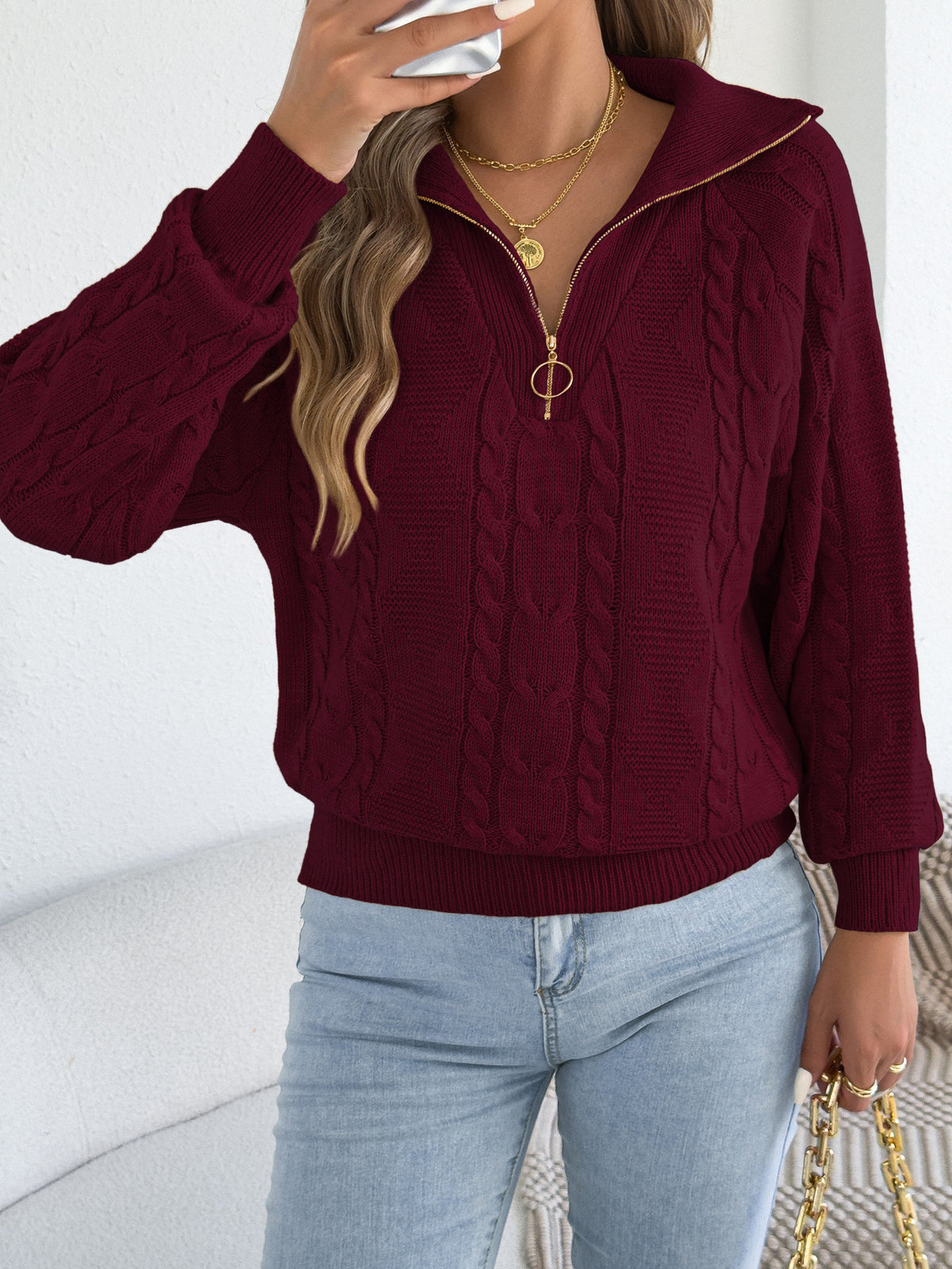 Women's Cable Knit Half Zip Collar Sweater Pullover