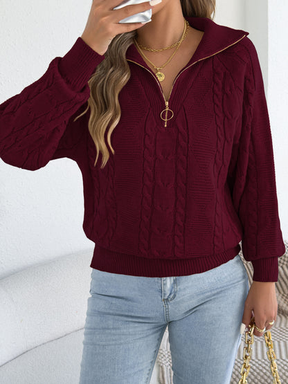 Women's Cable Knit Half Zip Collar Sweater Pullover