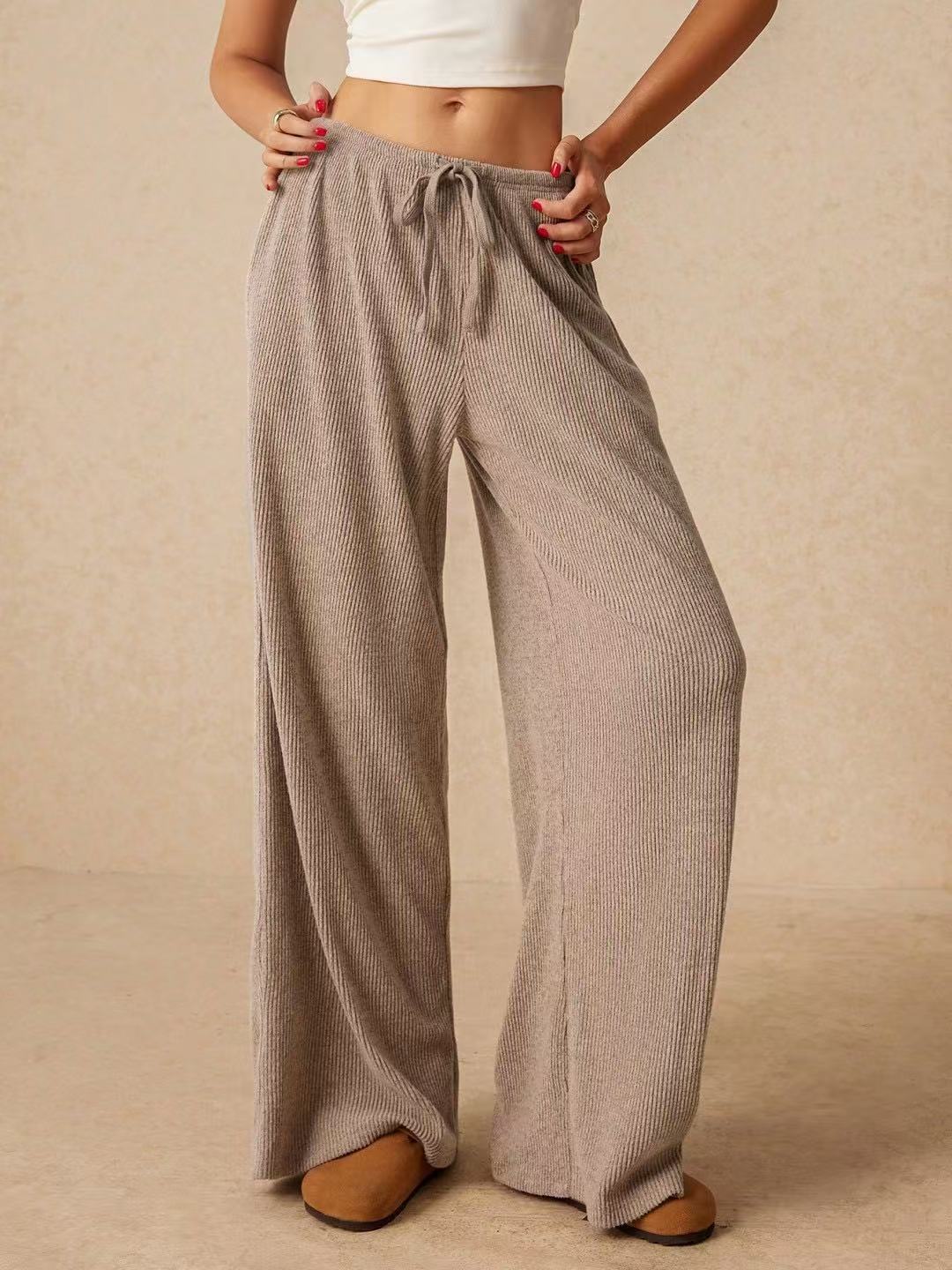 Women's Ribbed Wide Leg Palazzo Pants Drawstring Casual