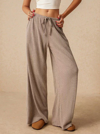 Women's Ribbed Wide Leg Palazzo Pants Drawstring Casual