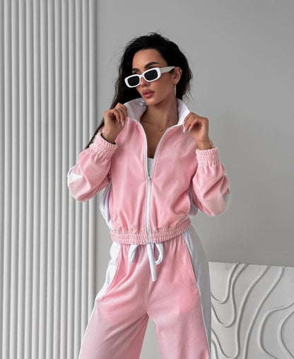 Velvet Tracksuit Color Block Zip Jacket Pants Set
