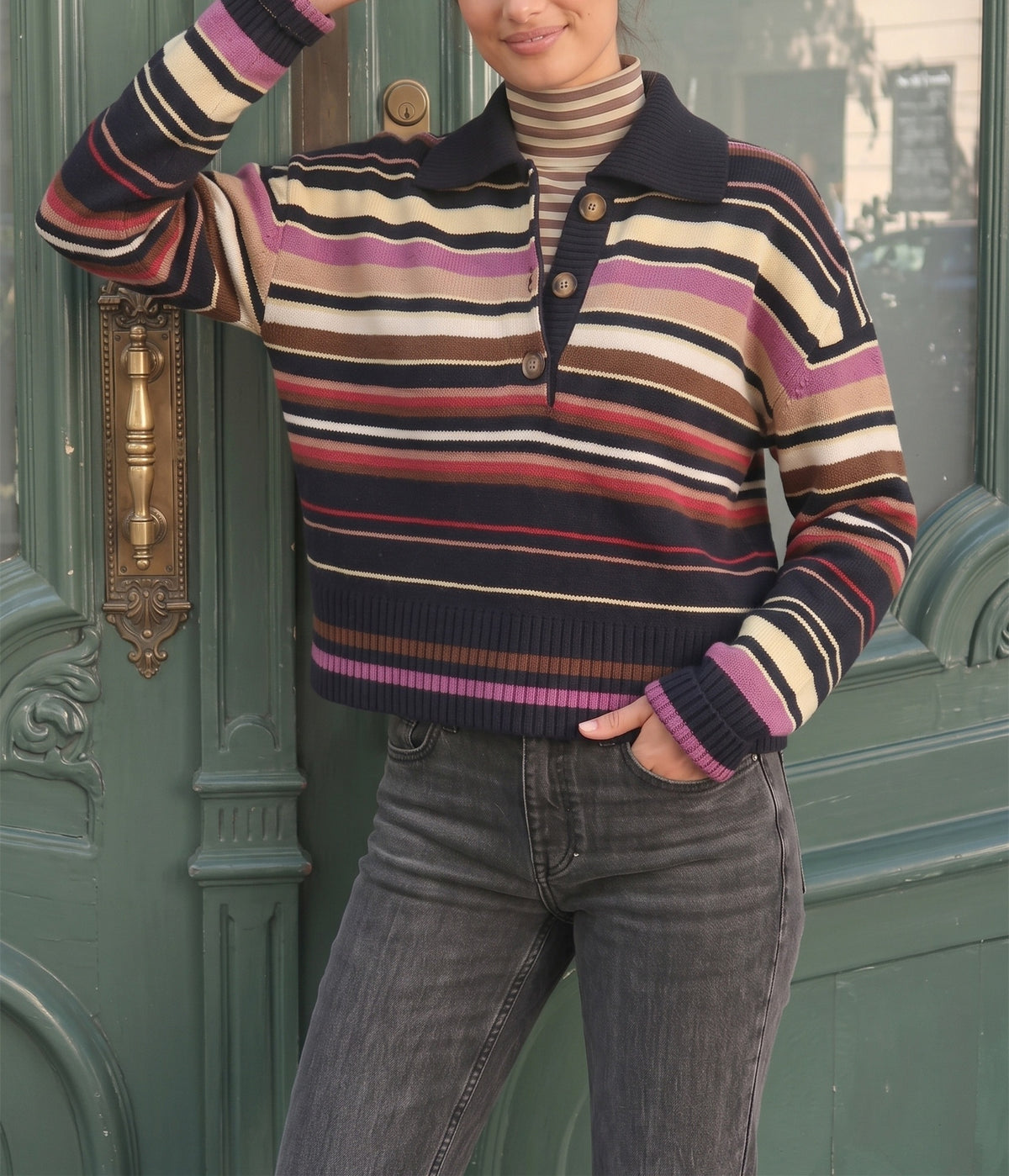 Women's Striped Polo Collar Long Sleeve Sweater