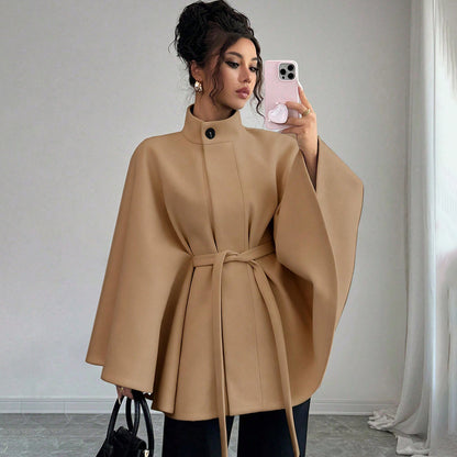 Women's Belted Cape Coat Stand Collar Wool Jacket