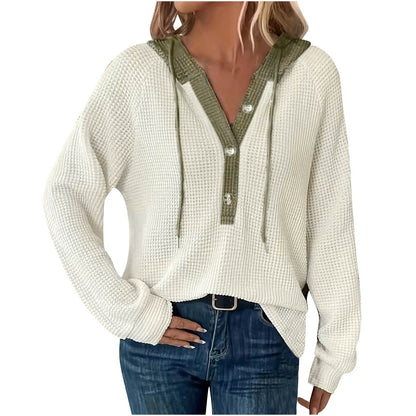 Women's Waffle Knit Color Block Henley Hoodie Long Sleeve